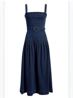 ANTHROPOLOGIE PLEATED BELTED DENIM MIDI DRESS SIZE L  NWT